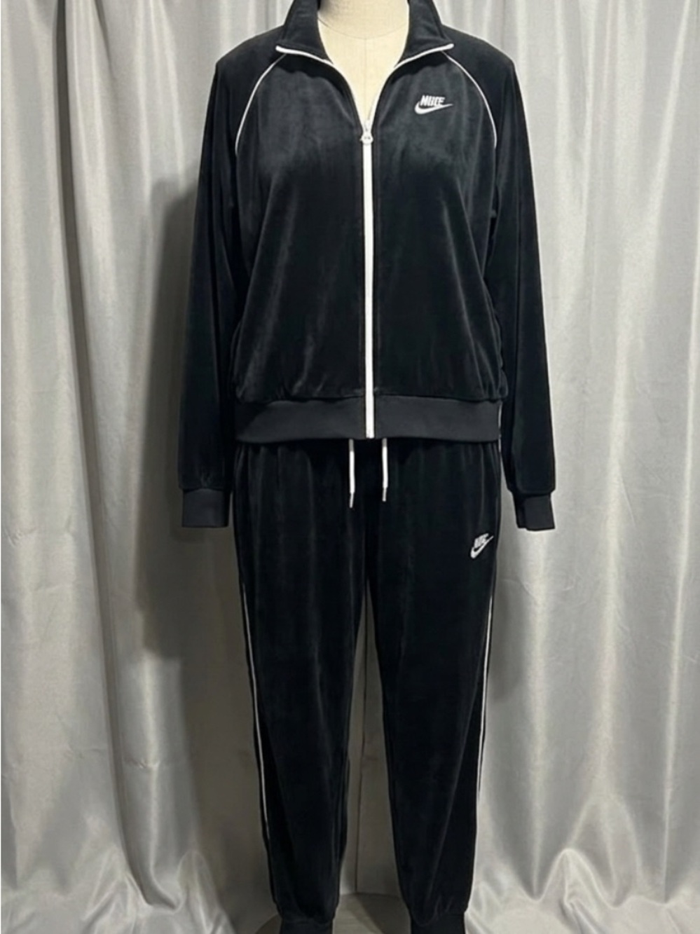 Nike Black Velour Track Jacket & Joggers Set with White Piping